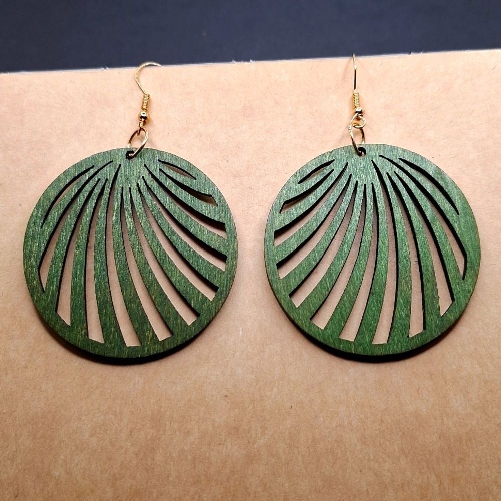 Forest green wood round earrings hollowed fan